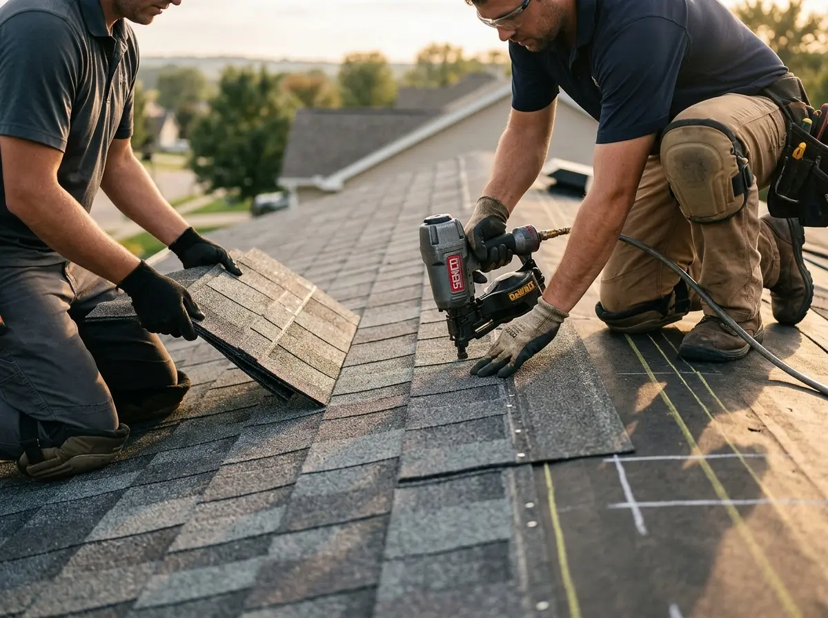 Professional roofer working on a residential roof in Westphalia
